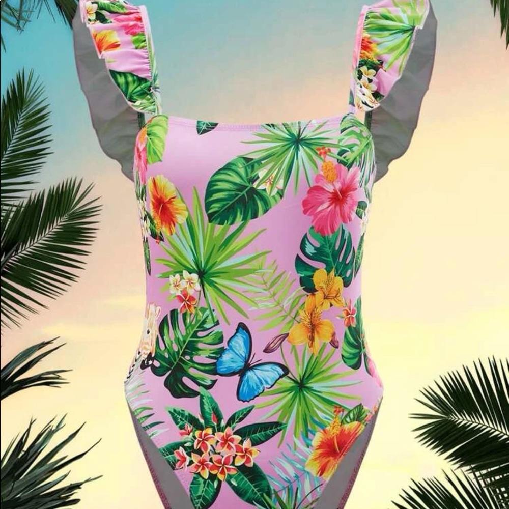 🔴 Shein tropical ruffle trim bodysuit